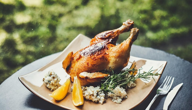 Foto mit köstlichem gebratenen hühnchen und gemüse serviert