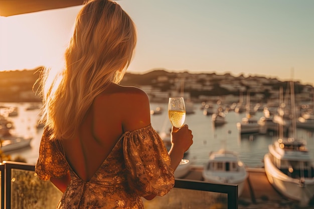 mit langen blonden Haaren im goldenen Kleid mit Champagner in der Bucht der Yachten auf Ibiza Generative KI