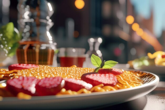 mit leckerem Spaghetti-Pasta-Teller auf dem Tisch in Café-Teller mit leckerer Spaghetti -Pasta auf ta