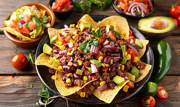 mit mexikanischem Essen mit Fajitas, Chili con carne und Nachos mit Avocado, Rindfleisch und Käse