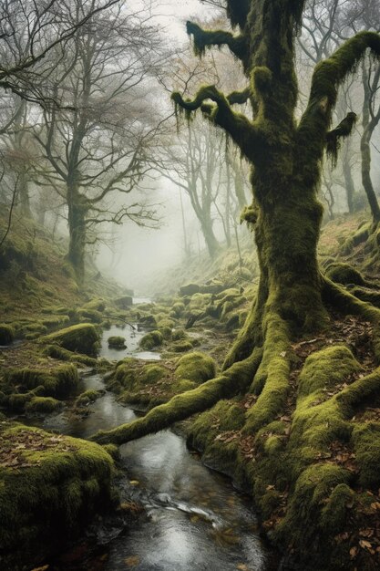 Mit Moos bedeckte Bäume und ein Bach in einem generativen Wald