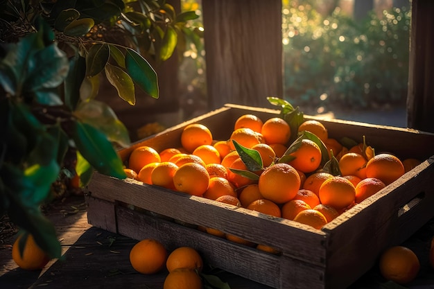 Mit Orangenfrüchten dekorierte Holzkisten füllen die Holzkisten und den Orangengartenbereich ai generati