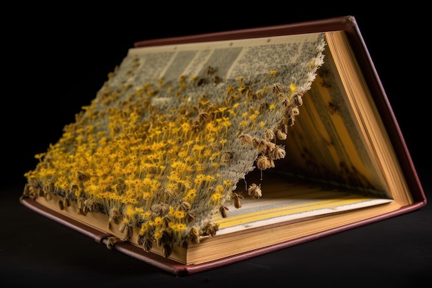 Mit Pollen bedecktes Buch mit sichtbaren Buchseiten, erstellt mit generativer KI