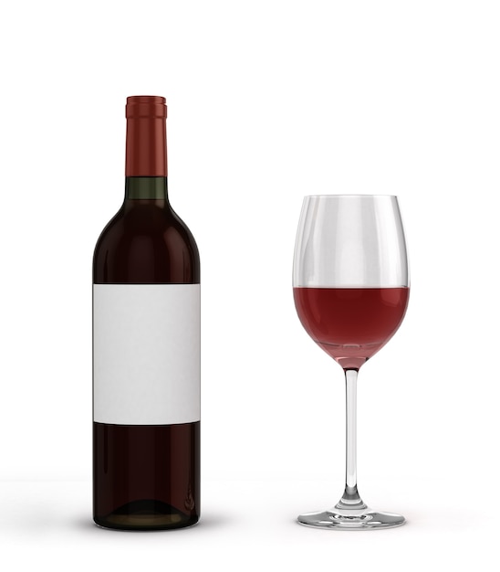 Mit Rotweinflasche und Glas mit Wein lokalisiert auf weißem Hintergrund