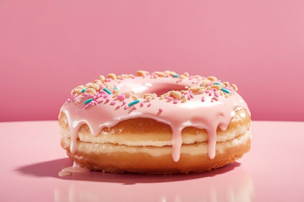 Mit Sahne gefüllter Donut Krispy Kreme auf rosa Hintergrund