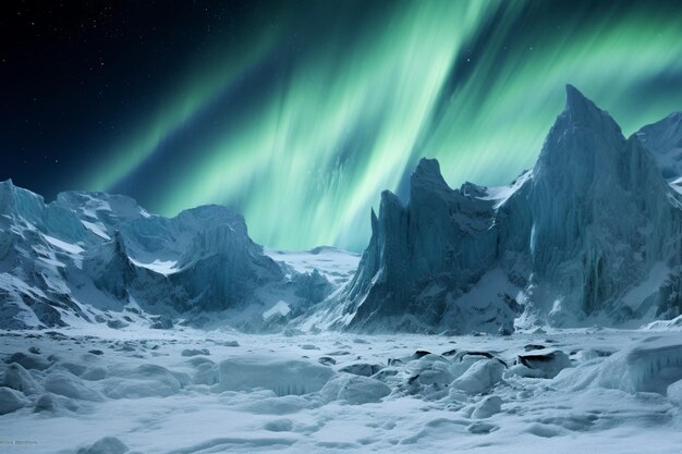 Mit Schnee bedeckte Berge und grüne Lichter am Himmel generative KI