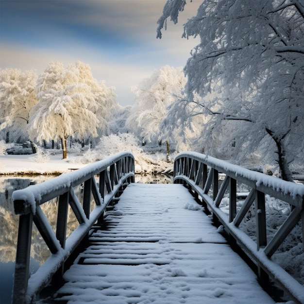 Mit Schnee bedeckte Holzbrücke, eine ruhige Szene an einem Wintertag