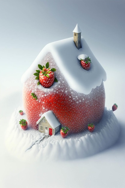 Mit Schnee bedecktes Haus mit Erdbeeren auf der generativen KI