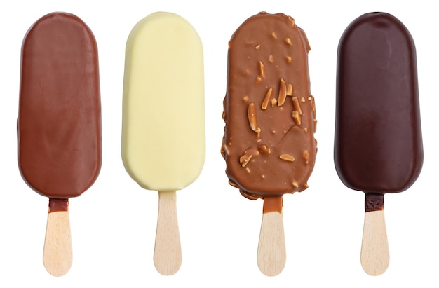 Foto mit schokolade überzogene eissorten-sammlung auf einem stock eis eis isoliert