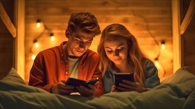 Mit Smartphones und generativer KI ein junges Paar im Bett