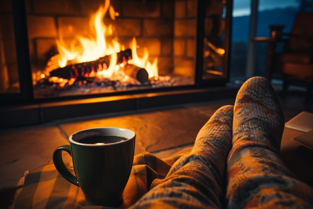 Foto mit socken in den füßen zu genießen, die beine in der nähe des kammes mit einer kaffeetasse zu hause zu ruhen.