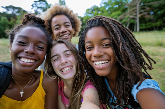 Mit strahlenden Lächeln versammeln sich Teenager für ein Selfie im Park. Ihr Lachen ertönt die Freude.