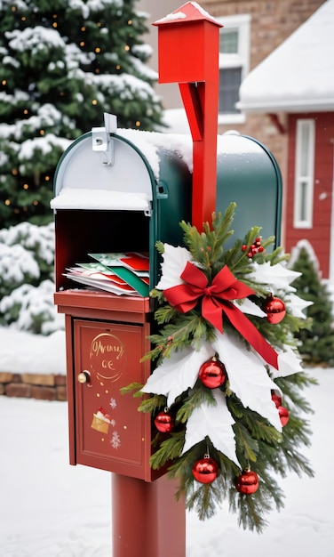 Mit Weihnachtskarten überfüllter, mit Girlanden gewickelter Briefkasten Nachmittag mit schneebedeckter Vorderseite