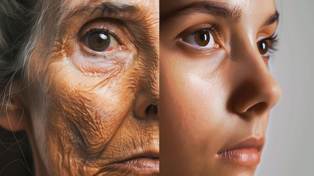 Foto la mitad de la cara de una mujer vieja y la mitad de la rostro de una mujer joven arrugas y piel lisa el concepto de envejecimiento