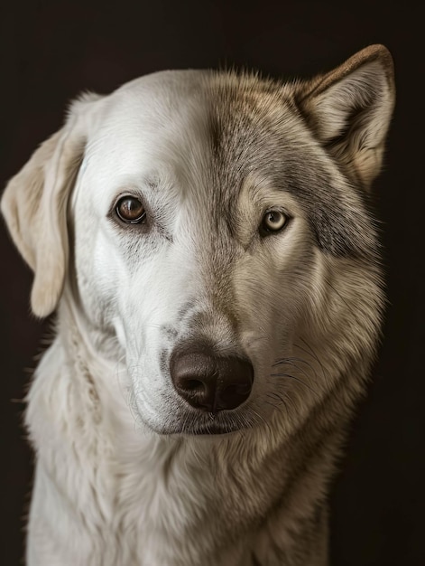 La mitad de la cara de un perro labrador blanco a la izquierda y la mitad de un lobo blanco anciano a la derecha