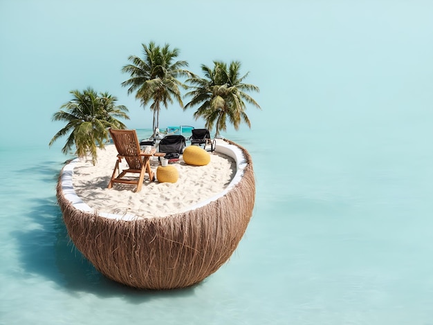 La mitad de coco con playa en fondo azul 3D