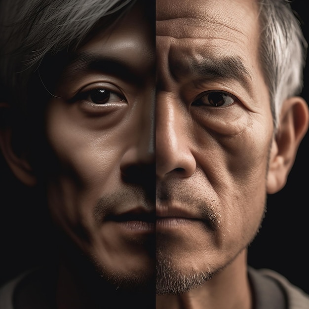 La mitad de la foto es la cara de un hombre joven, la otra mitad de la foto es la cara de un anciano en primer plano