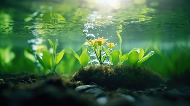 La mitad de la fotografía macro dividida bajo el agua corriente de agua dulce planta verde joven primavera al aire libre hermosa IA generativa AIG32