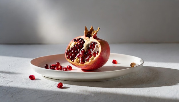 Foto la mitad de la granada en un plato blanco deliciosa fruta tropical