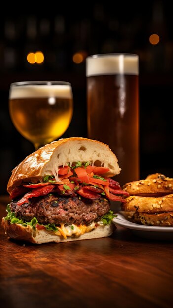 Foto la mitad de una hamburguesa con un vaso de cerveza y anillos de cebolla en una mesa de madera