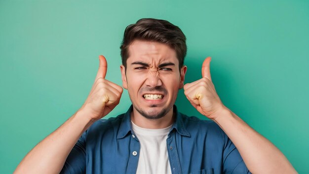 Foto la mitad de la longitud de la toma de un tipo molesto apreta los dientes tapas las orejas con los dedos índice ignora el molesto sou