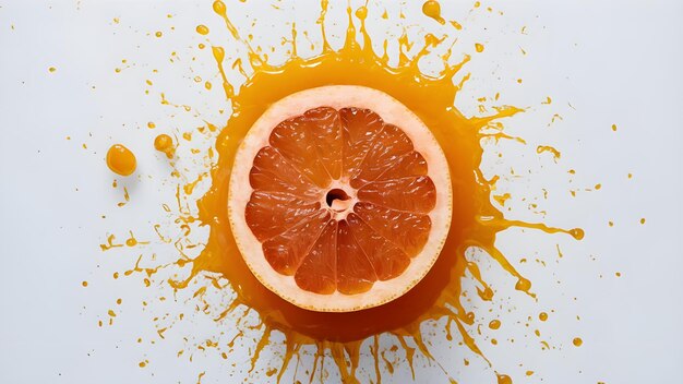 la mitad de una naranja con jugo de naranja y una gota de jugo de Naranja