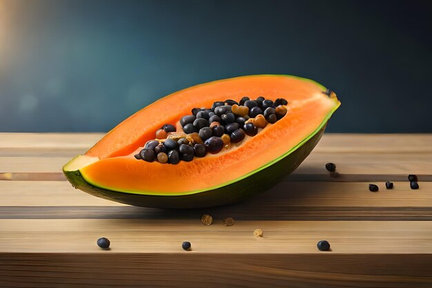 la mitad de una papaya cortada por la mitad en una tabla de cortar.