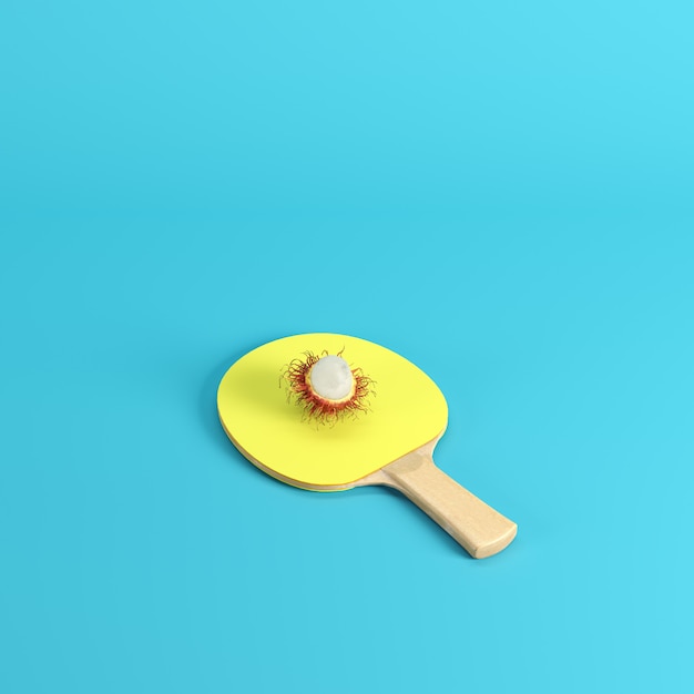 Foto la mitad de rambután fresco pelado en la paleta de ping pong con caucho amarillo aislado sobre fondo azul