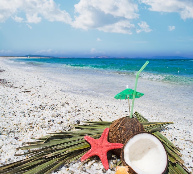 Foto mitades de coco en hojas de palma junto al mar