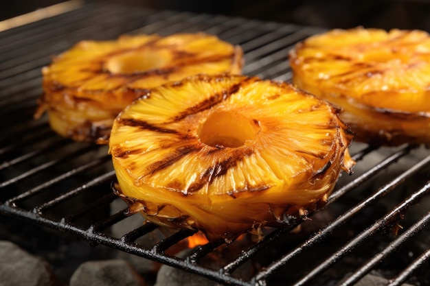 Mitades de piña en una barbacoa con marcas de parrilla y caramelización creadas con inteligencia artificial generativa