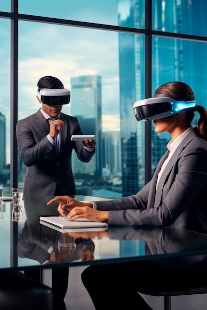 Mitarbeiter nutzen VR-Technologie, um an einem virtuellen Geschäftstreffen mit generativer KI teilzunehmen