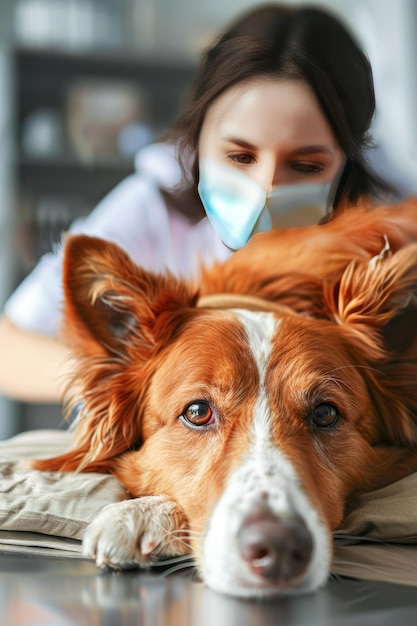 Foto mitfühlender tierarzt kümmert sich um einen ruhenden hund in einer klinik