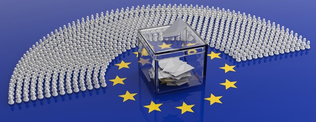 Mitglieder des Europäischen Parlaments als Schachfiguren und eine Abstimmungsbox auf der 3D-Illustration der EU-Flagge