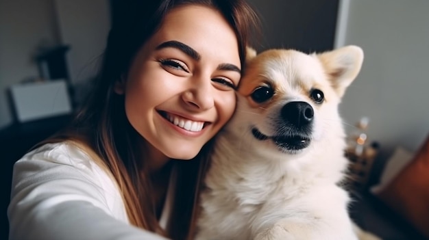 Mithilfe generativer KI machen eine Frau und ihr Hund ein Foto auf dem Sofa in ihrem Wohnzimmer, um ihre fröhlichen Begleiter zu pflegen und zu berühren