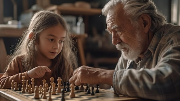 Mithilfe generativer KI spielen ein älterer Mann und seine Enkelin Schach