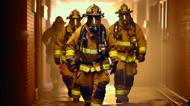 Mithilfe generativer KI stürmen Feuerwehrleute durch den Korridor eines brennenden Gebäudes