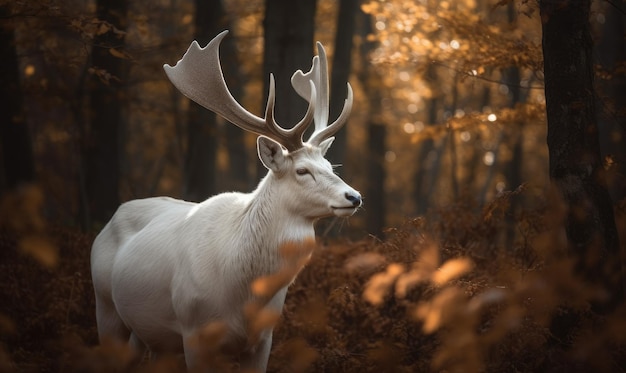 El mítico ciervo blanco con sus cuernos dorados es un símbolo de gracia en el diseño del bosque.