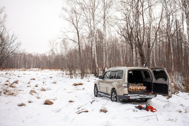 Mitsubishi Pajero Montero en bosque de invierno con leña en el maletero