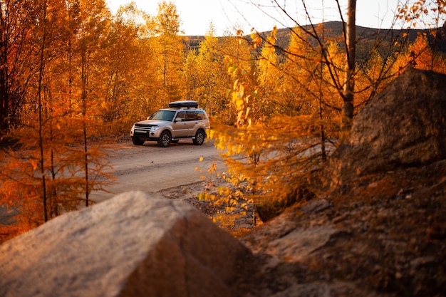 Mitsubishi Pajero na bela estrada de outono na floresta