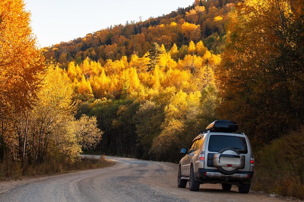 Mitsubishi Pajero en la pintoresca carretera de otoño en el bosque