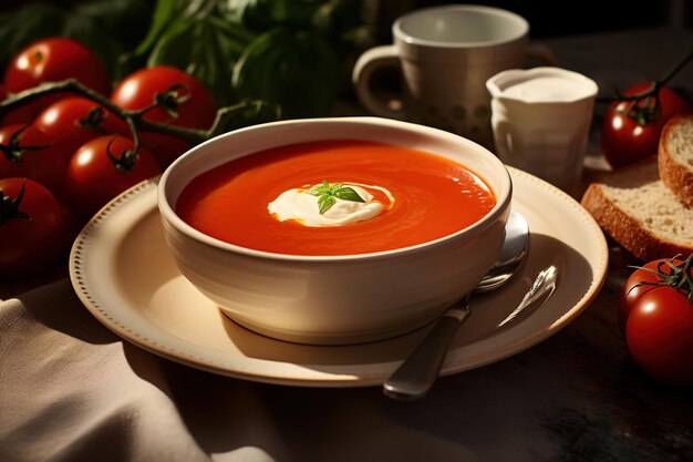 Mittagessen Tomatensuppe mit Sahne auf einem Teller mit Gemüse und Brot auf dem Tisch Vegetarische Speisen in Nahaufnahme