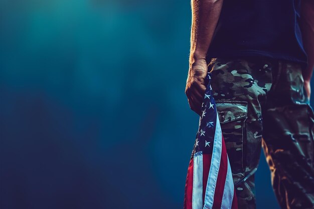 Mittelabschnitt des Mannes, der die amerikanische Flagge der USA als Symbol des Unabhängigkeitstages oder des Veteranentages hält
