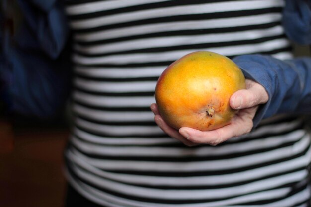 Foto mittelabschnitt einer frau, die eine mango hält