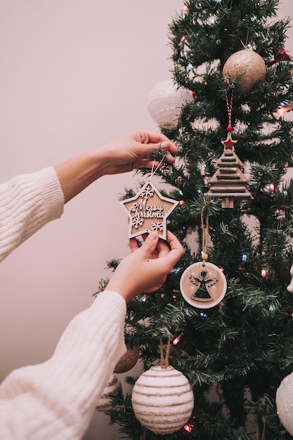 Mittelabschnitt einer Frau, die einen Weihnachtsbaum hält