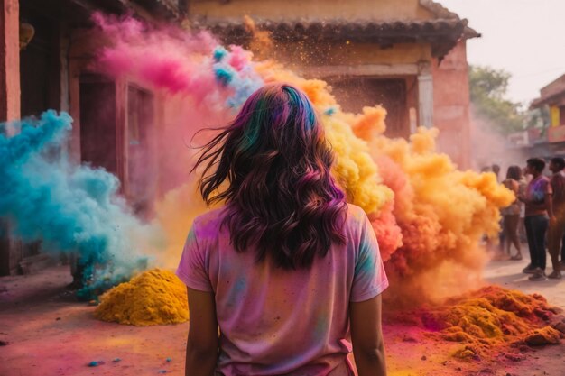 Mittelabschnitt einer Person, die während des Holi-Festivals Pulverfarben hält