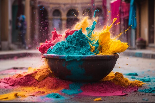 Mittelabschnitt einer Person, die während des Holi-Festivals Pulverfarben hält