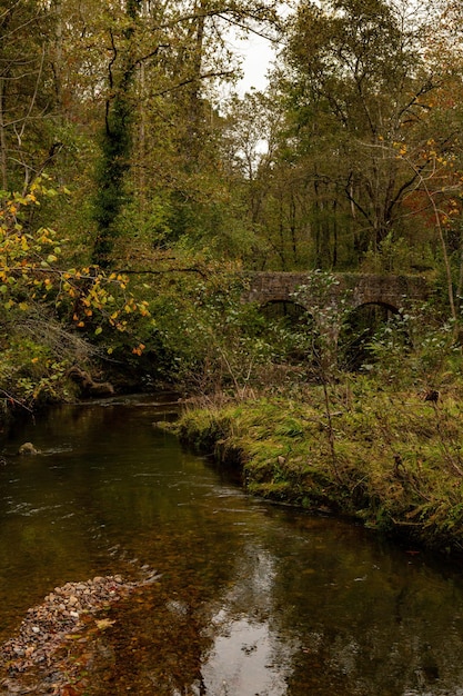 Mittelalterliche Brücke über den Fluss Pra in Asturien, Spanien