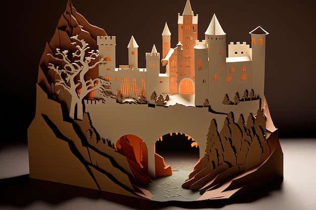 Mittelalterliche Burgillustration mit aus Papier ausgeschnittenem Hintergrund, Fantasy-Konzept, generative KI