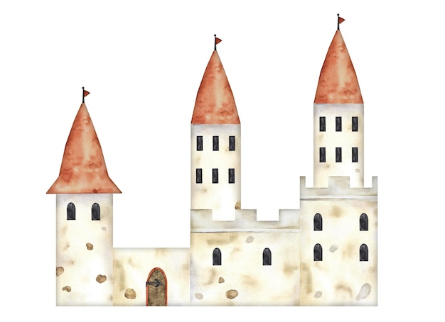 Mittelalterliche kindliche Burg, handgezeichnete Aquarell-Illustration. Malzeichnung, Märchen-Antikes-Gebäude mit Türmen, Flaggen, Fenstern und Tor isoliert. Aquarell-Illustration