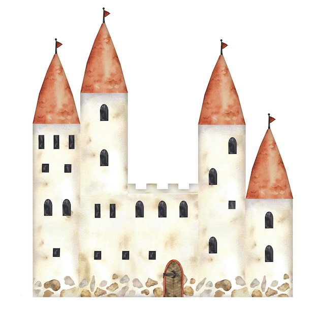 Mittelalterliche kindliche Burg, handgezeichnete Aquarell-Illustration. Malzeichnung, Märchen-Antikes-Gebäude mit Türmen, Flaggen, Fenstern und Tor isoliert. Aquarell-Illustration